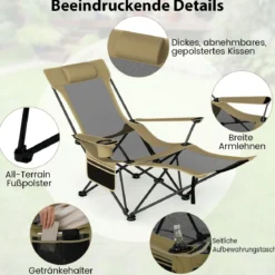 2er Set Campingstuhl mit Abnehmbarer Fußablage & Verstellbarer Rückenlehne & Kopfstütze Angelstuhl