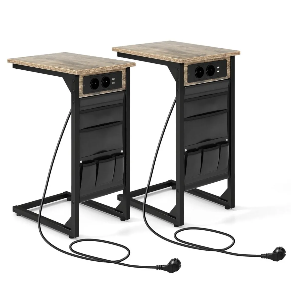 2er Set C-förmiger Beistelltisch mit Ladestation & USB Anschlüssen & Seitentasche Nachttisch