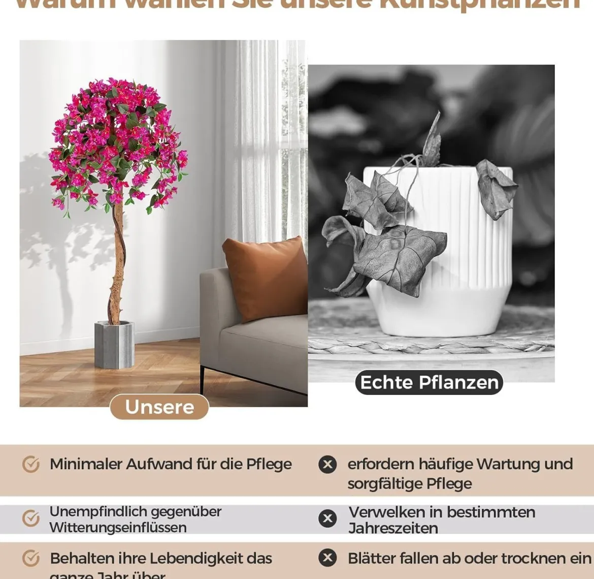 2er Set 135 cm Kunstbaum mit Blüten Kunstpflanze im Topf Künstlicher Baum