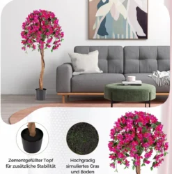 2er Set 135 cm Kunstbaum mit Blüten Kunstpflanze im Topf Künstlicher Baum
