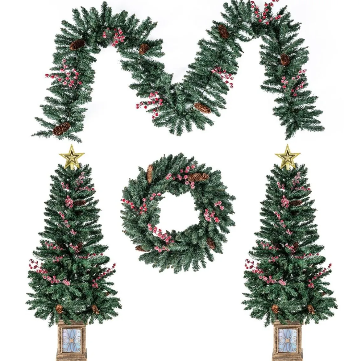 2er Set 120 cm Mini Künstlicher Weihnachtsbaum im Topf mit Weihnachtsgirlande & -kranz