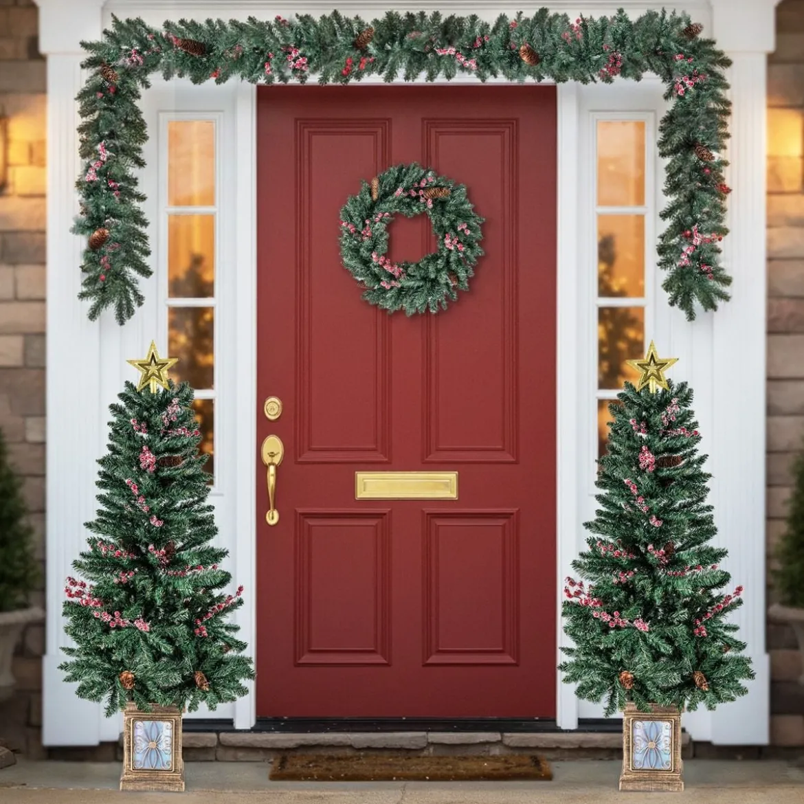 2er Set 120 cm Mini Künstlicher Weihnachtsbaum im Topf mit Weihnachtsgirlande & -kranz