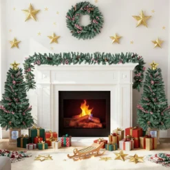 2er Set 120 cm Mini Künstlicher Weihnachtsbaum im Topf mit Weihnachtsgirlande & -kranz