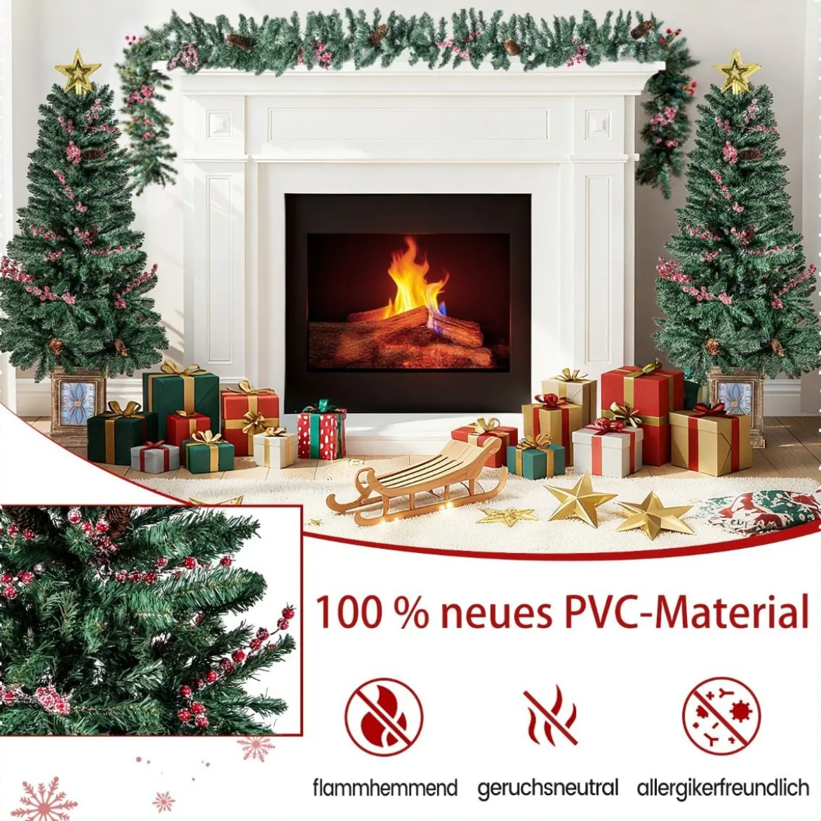 2er Set 120 cm Mini Künstlicher Weihnachtsbaum im Topf mit Weihnachtsgirlande & -kranz