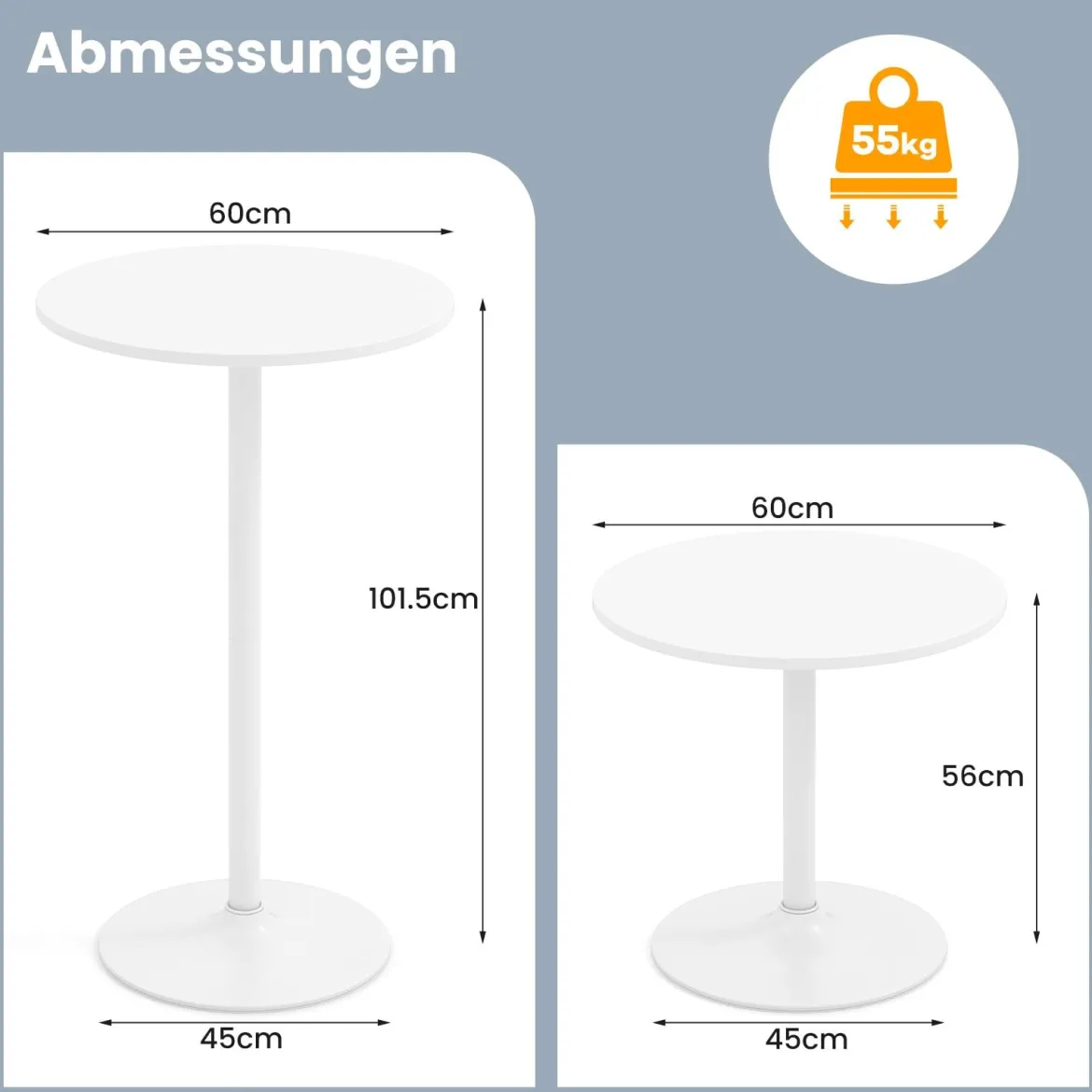 2er Set Ø 60 cm Stehtisch 2 in 1 Bartisch & Esstisch Höhenverstellbarer Bistrotisch Weiß