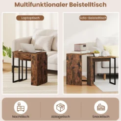 2er Set Couchtisch Beistelltisch aus Kunstholz Wohnzimmertisch Nachttische Rustikales Braun