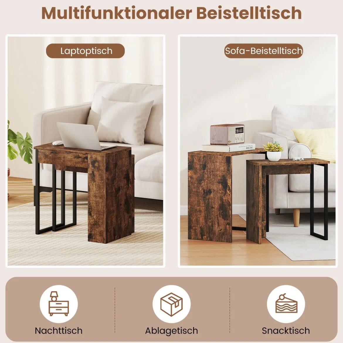 2er Set Couchtisch Beistelltisch aus Kunstholz Wohnzimmertisch Nachttische Rustikales Braun