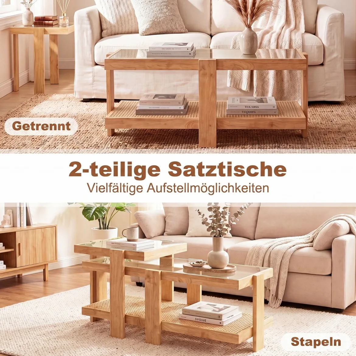 2er Set Couchtisch im Boho-Stil Stapelbarer Beistelltisch aus PE-Rattan mit Gehärtete Glasplatte Natur