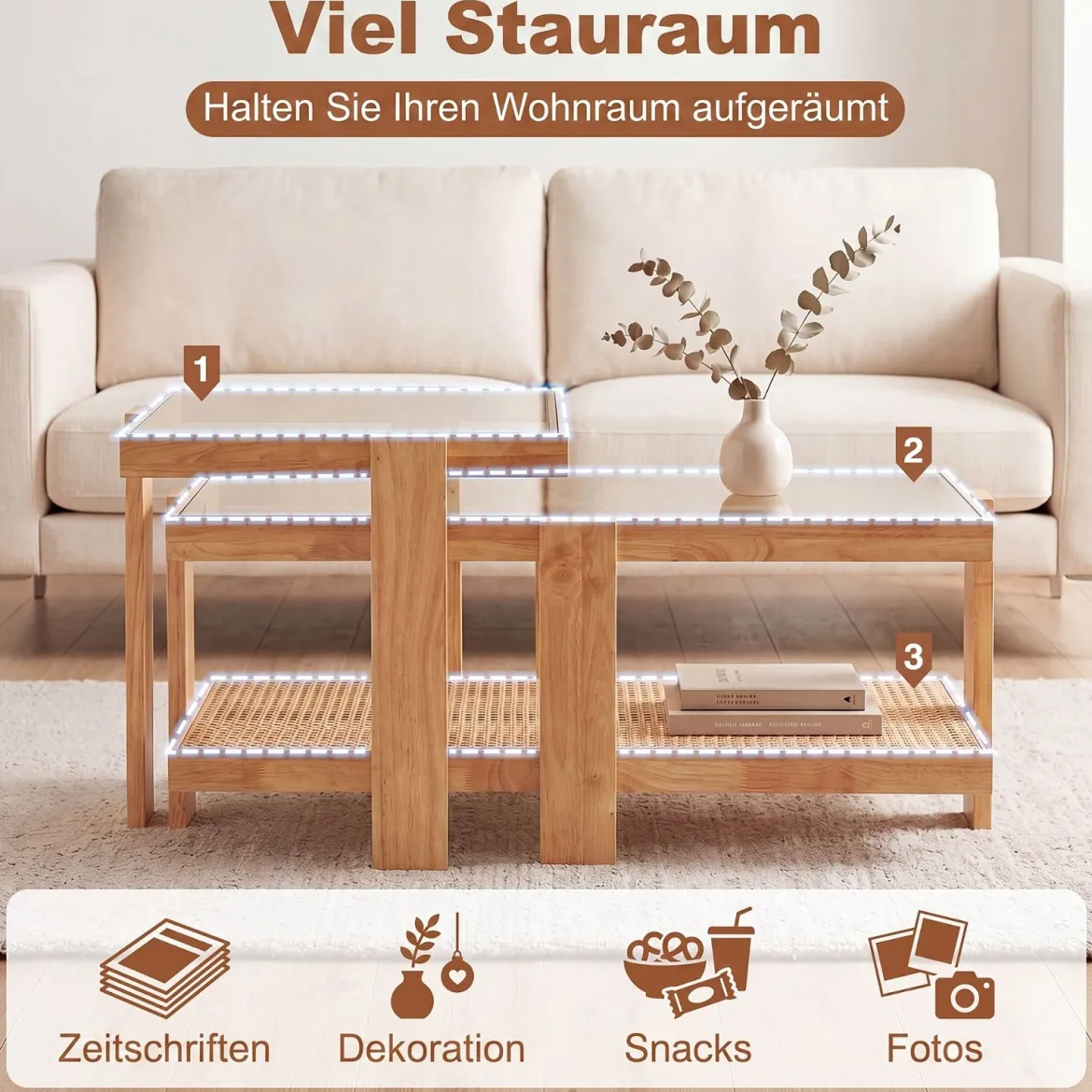 2er Set Couchtisch im Boho-Stil Stapelbarer Beistelltisch aus PE-Rattan mit Gehärtete Glasplatte Natur