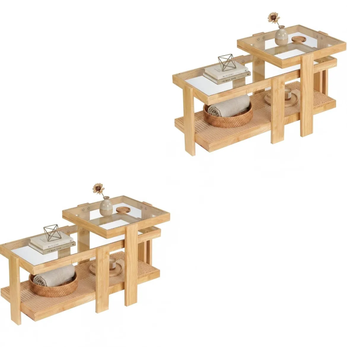 2er Set Couchtisch im Boho-Stil Stapelbarer Beistelltisch aus PE-Rattan mit Gehärtete Glasplatte Natur