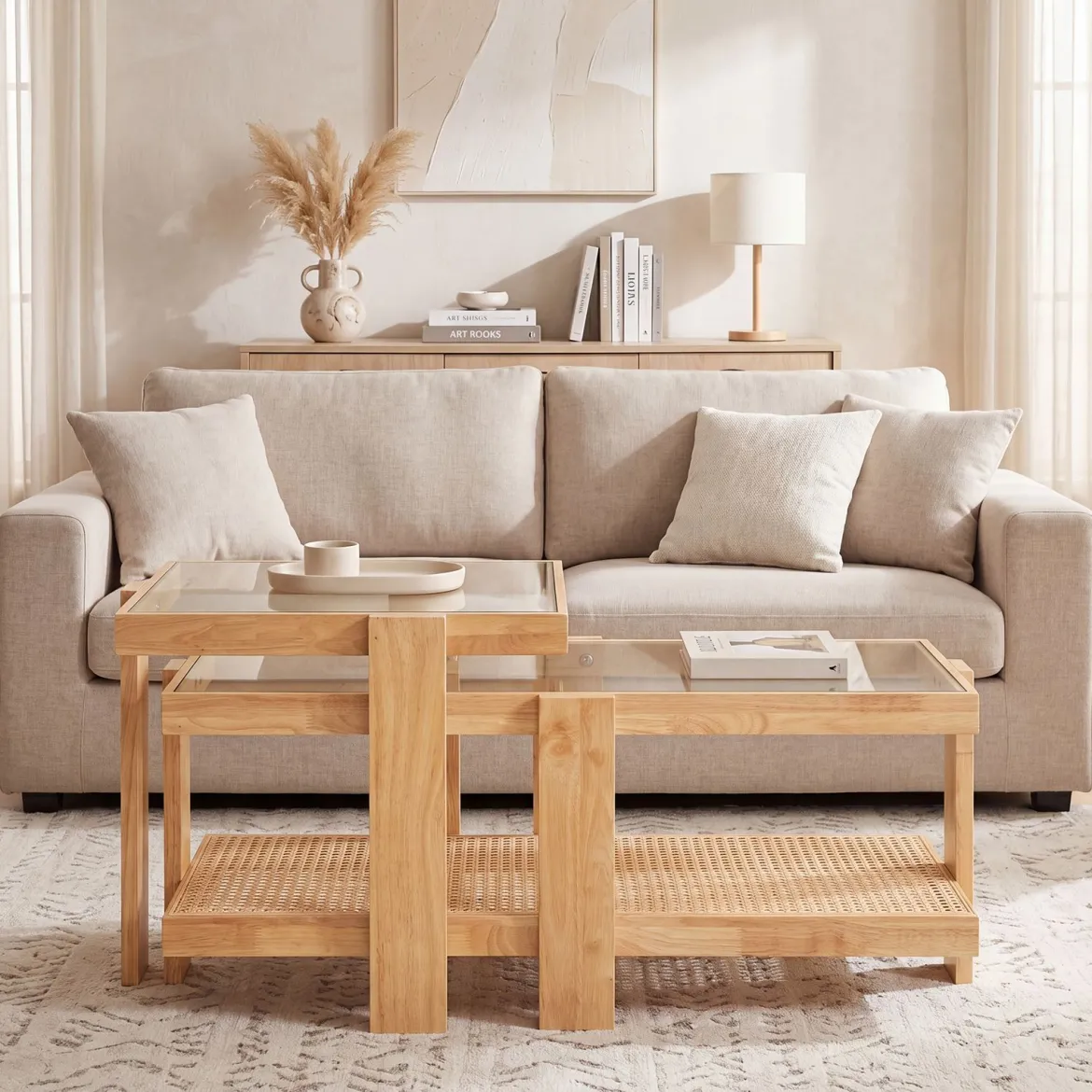 2er Set Couchtisch im Boho-Stil Stapelbarer Beistelltisch aus PE-Rattan mit Gehärtete Glasplatte Natur