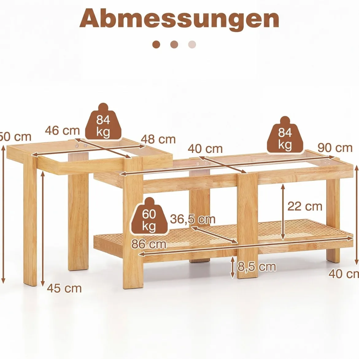 2er Set Couchtisch im Boho-Stil Stapelbarer Beistelltisch aus PE-Rattan mit Gehärtete Glasplatte Natur