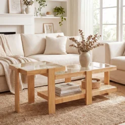 2er Set Couchtisch im Boho-Stil Stapelbarer Beistelltisch aus PE-Rattan mit Gehärtete Glasplatte Natur