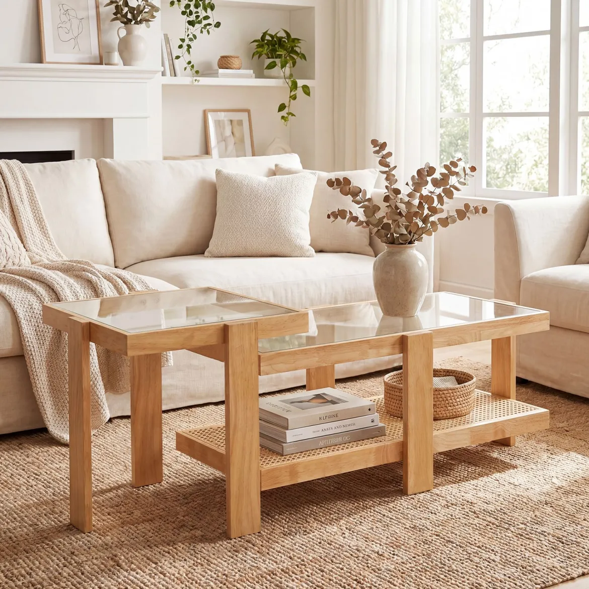 2er Set Couchtisch im Boho-Stil Stapelbarer Beistelltisch aus PE-Rattan mit Gehärtete Glasplatte Natur