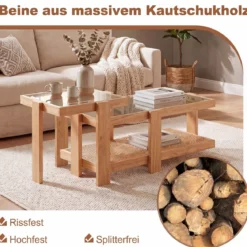 2er Set Couchtisch im Boho-Stil Stapelbarer Beistelltisch aus PE-Rattan mit Gehärtete Glasplatte Natur