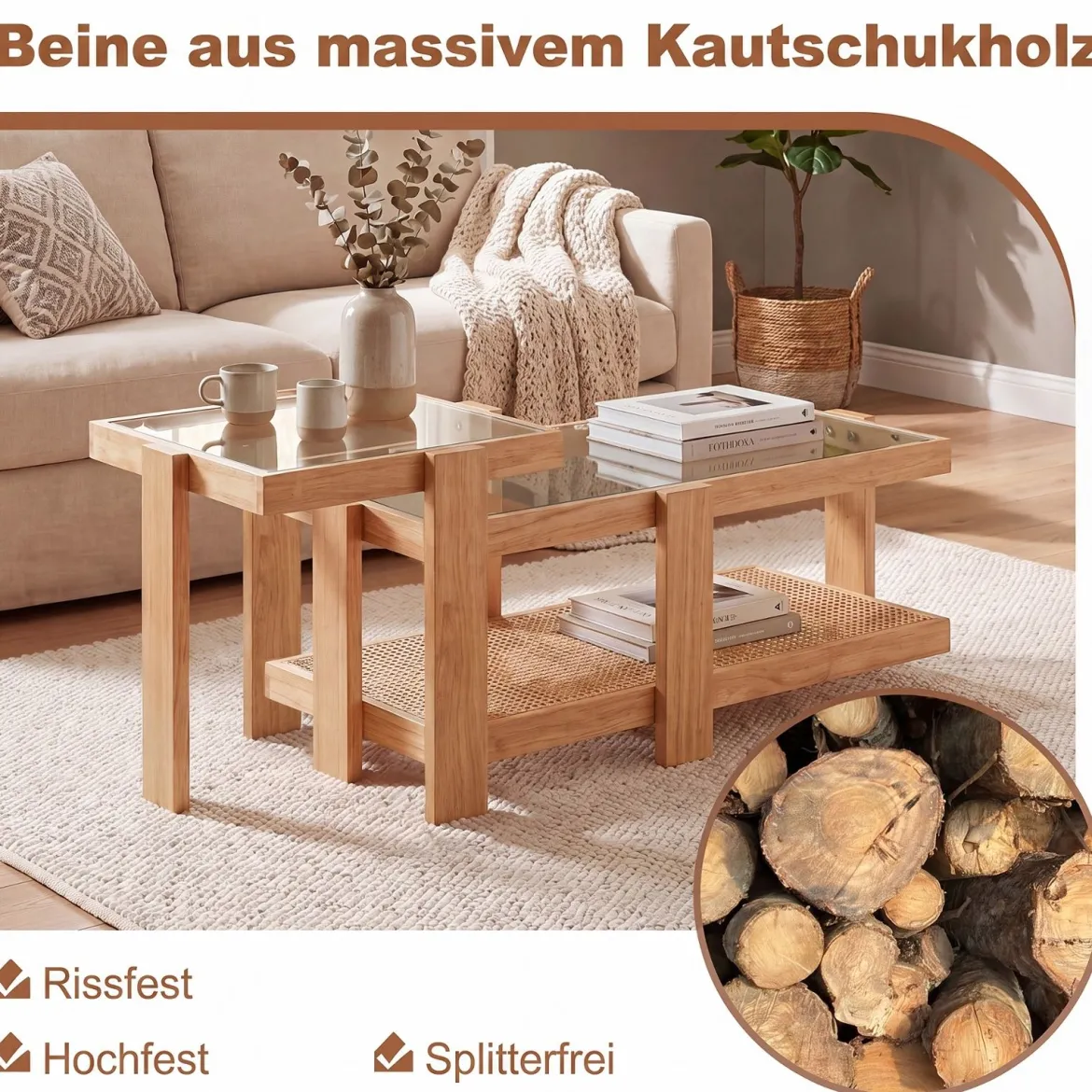 2er Set Couchtisch im Boho-Stil Stapelbarer Beistelltisch aus PE-Rattan mit Gehärtete Glasplatte Natur