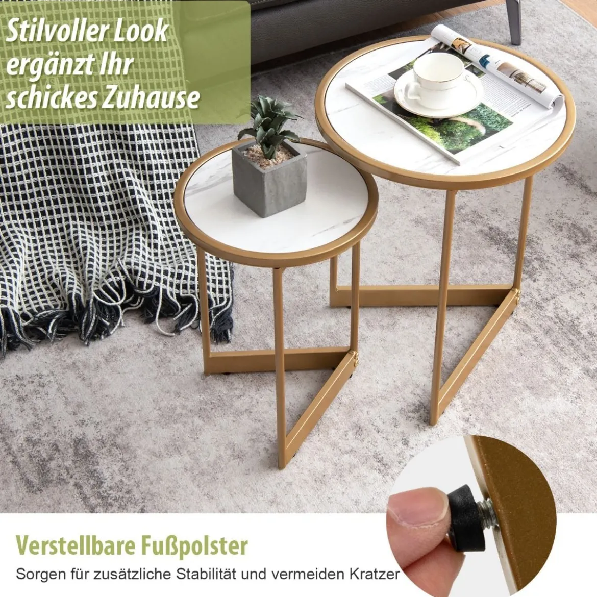 2er Set Couchtisch mit Marmoroptik mit Goldfarbenem Metallbeinen Modern Beistelltisch