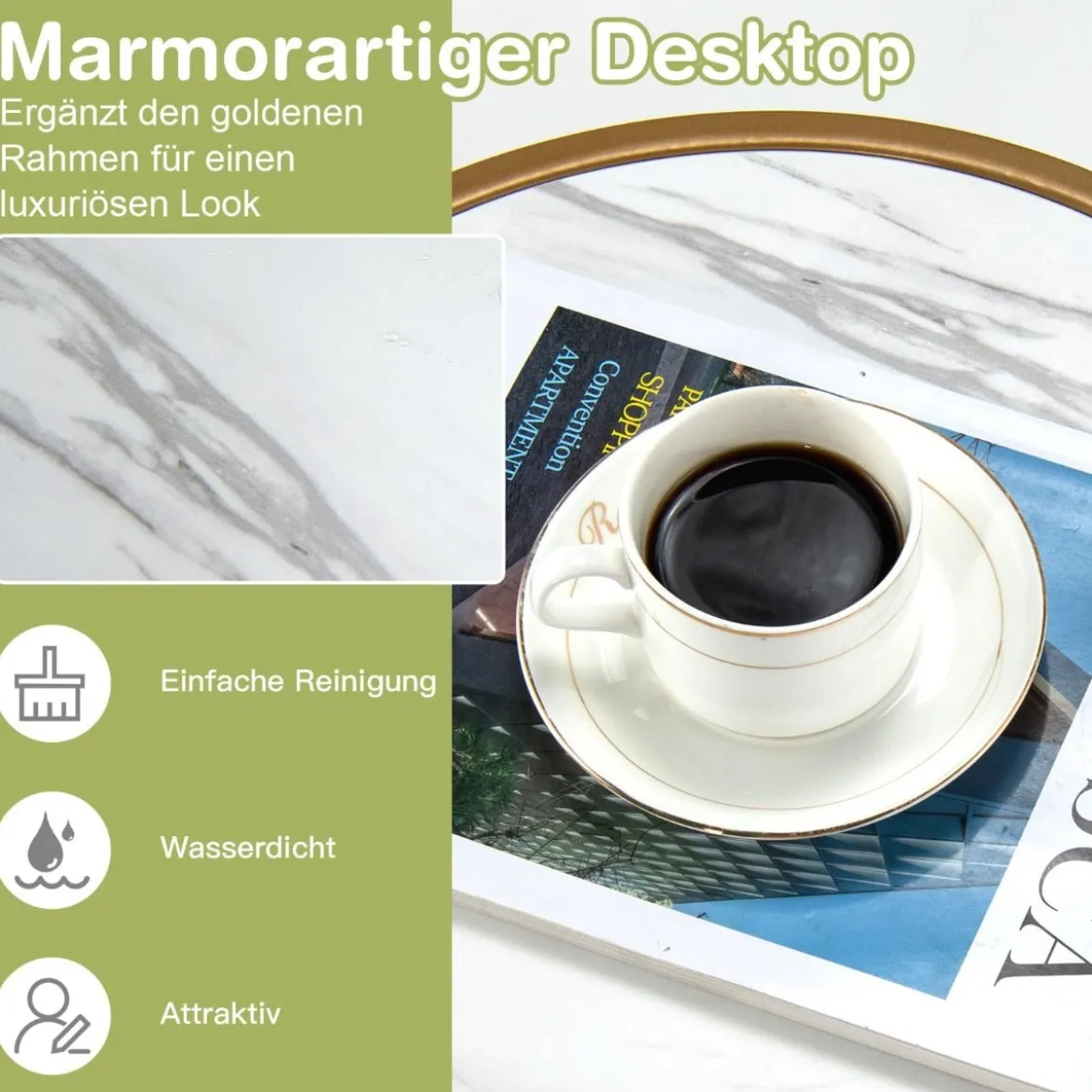 2er Set Couchtisch mit Marmoroptik mit Goldfarbenem Metallbeinen Modern Beistelltisch