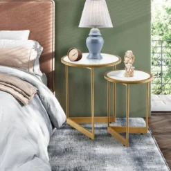 2er Set Couchtisch mit Marmoroptik mit Goldfarbenem Metallbeinen Modern Beistelltisch