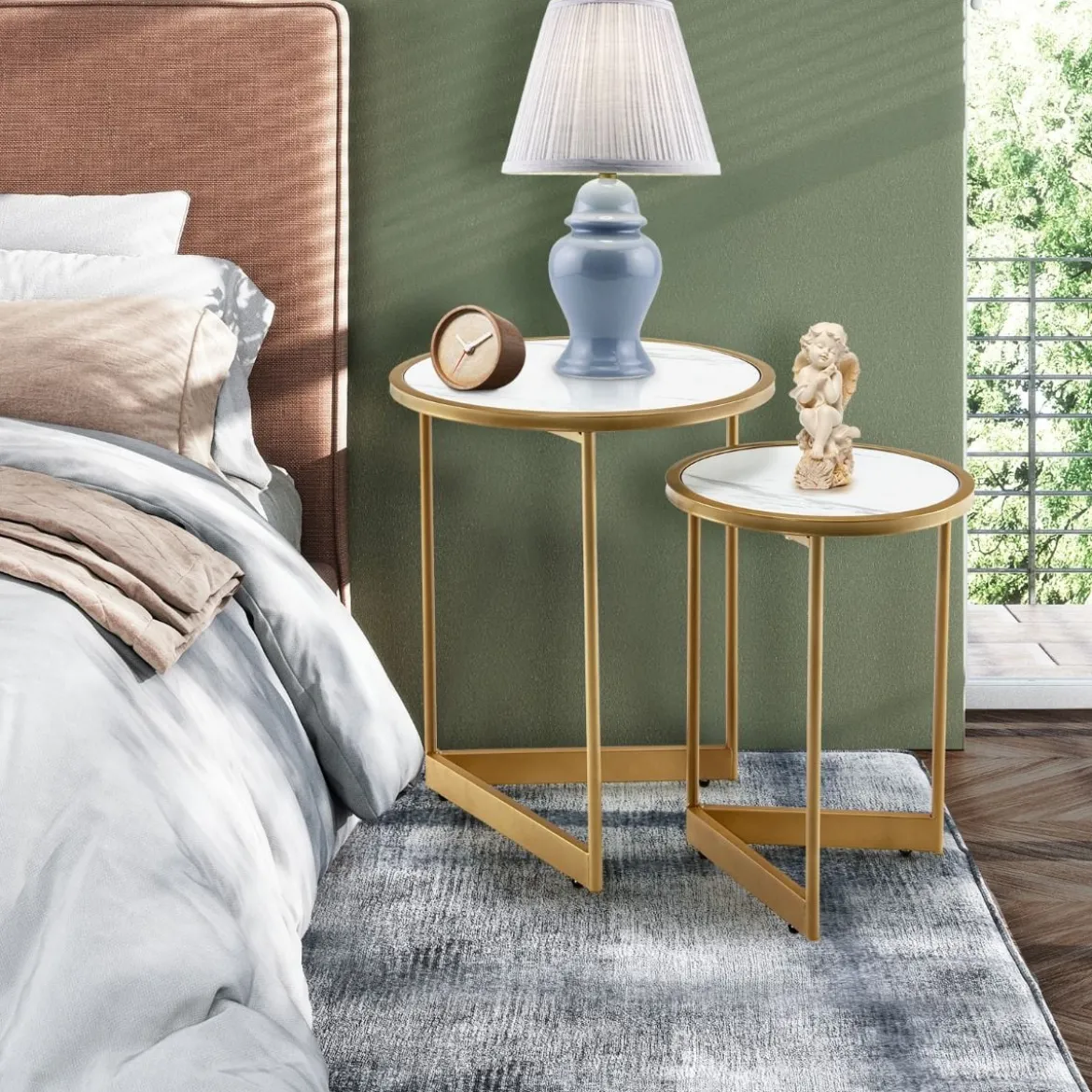 2er Set Couchtisch mit Marmoroptik mit Goldfarbenem Metallbeinen Modern Beistelltisch