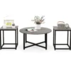 3er Set Couchtisch mit Robustem Metallrahmen Runder Kaffeetisch & 2 Quadratische Beistelltische Grau