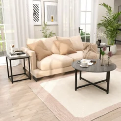 3er Set Couchtisch mit Robustem Metallrahmen Runder Kaffeetisch & 2 Quadratische Beistelltische Grau