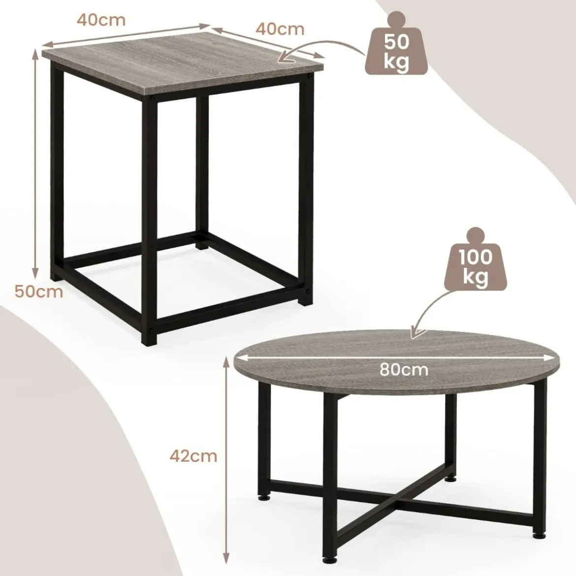 3er Set Couchtisch mit Robustem Metallrahmen Runder Kaffeetisch & 2 Quadratische Beistelltische Grau