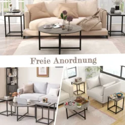 3er Set Couchtisch mit Robustem Metallrahmen Runder Kaffeetisch & 2 Quadratische Beistelltische Grau