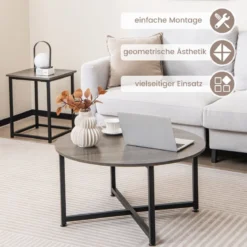 3er Set Couchtisch mit Robustem Metallrahmen Runder Kaffeetisch & 2 Quadratische Beistelltische Grau