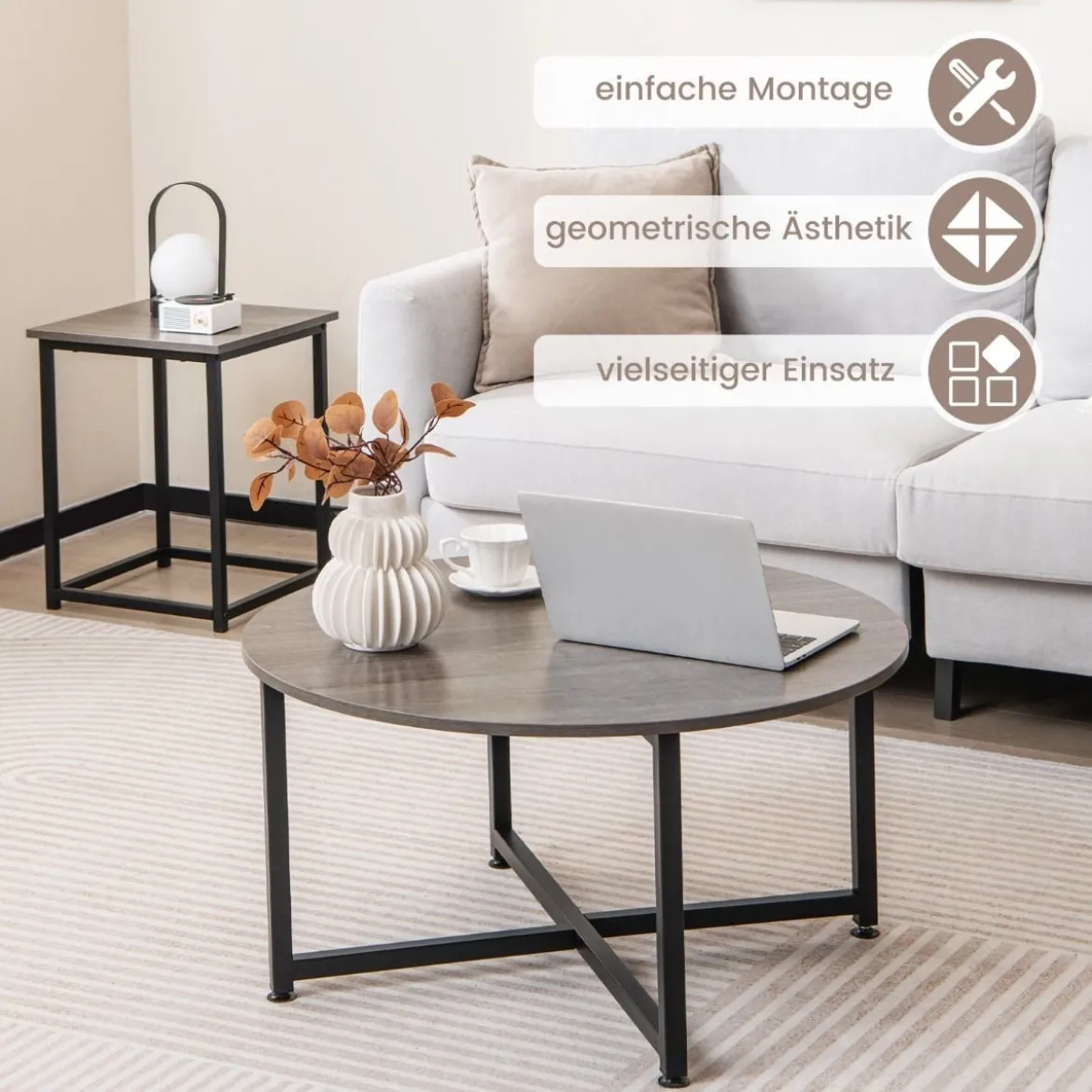 3er Set Couchtisch mit Robustem Metallrahmen Runder Kaffeetisch & 2 Quadratische Beistelltische Grau