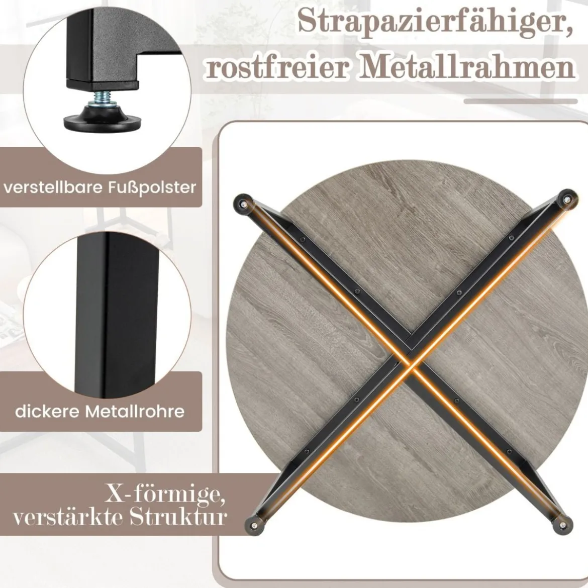 3er Set Couchtisch mit Robustem Metallrahmen Runder Kaffeetisch & 2 Quadratische Beistelltische Grau