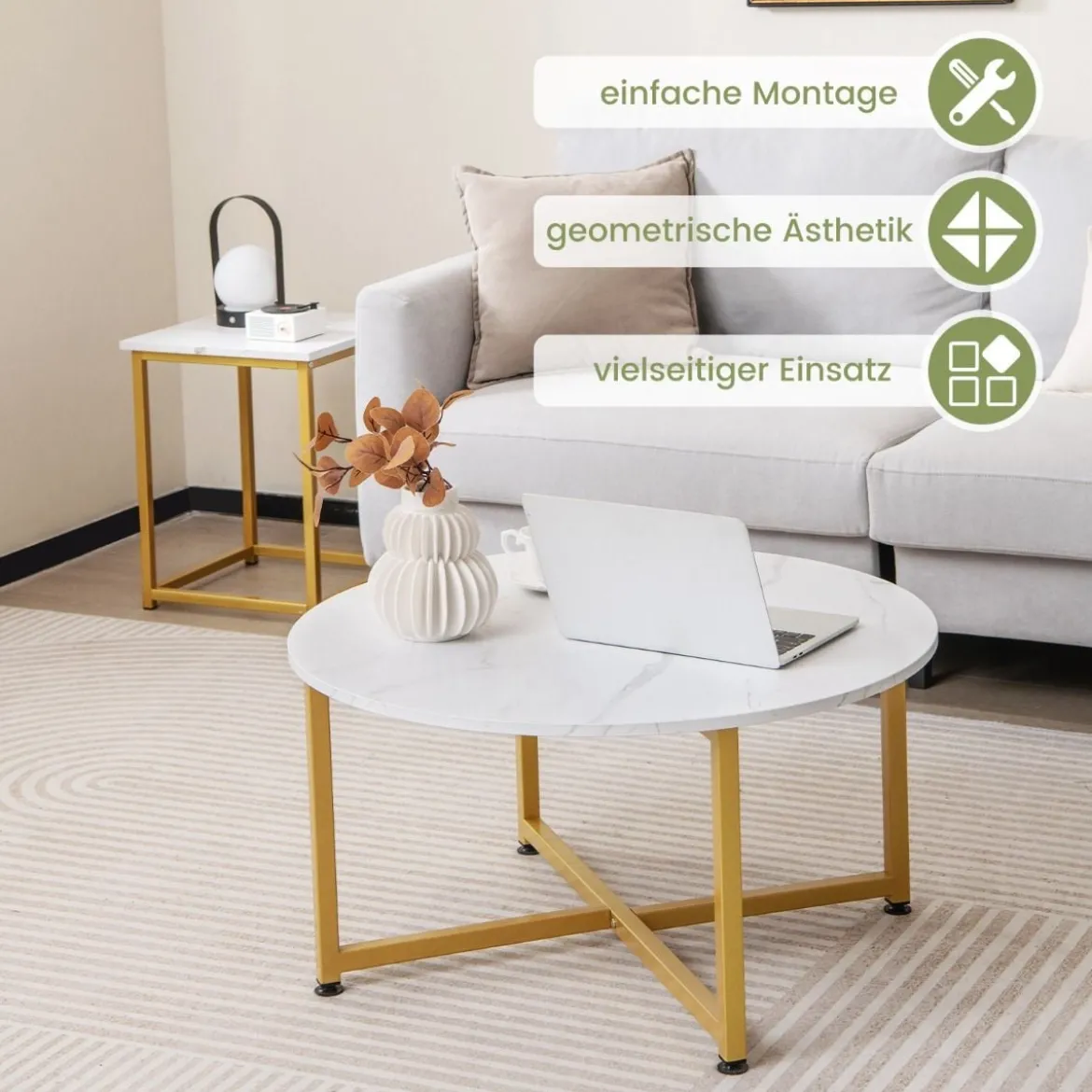 3er Set Couchtisch mit Robustem Metallrahmen Runder Kaffeetisch & 2 Quadratische Beistelltische Weiß