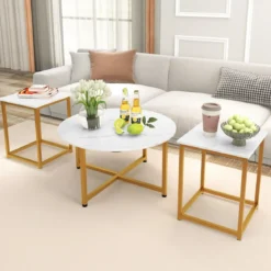 3er Set Couchtisch mit Robustem Metallrahmen Runder Kaffeetisch & 2 Quadratische Beistelltische Weiß