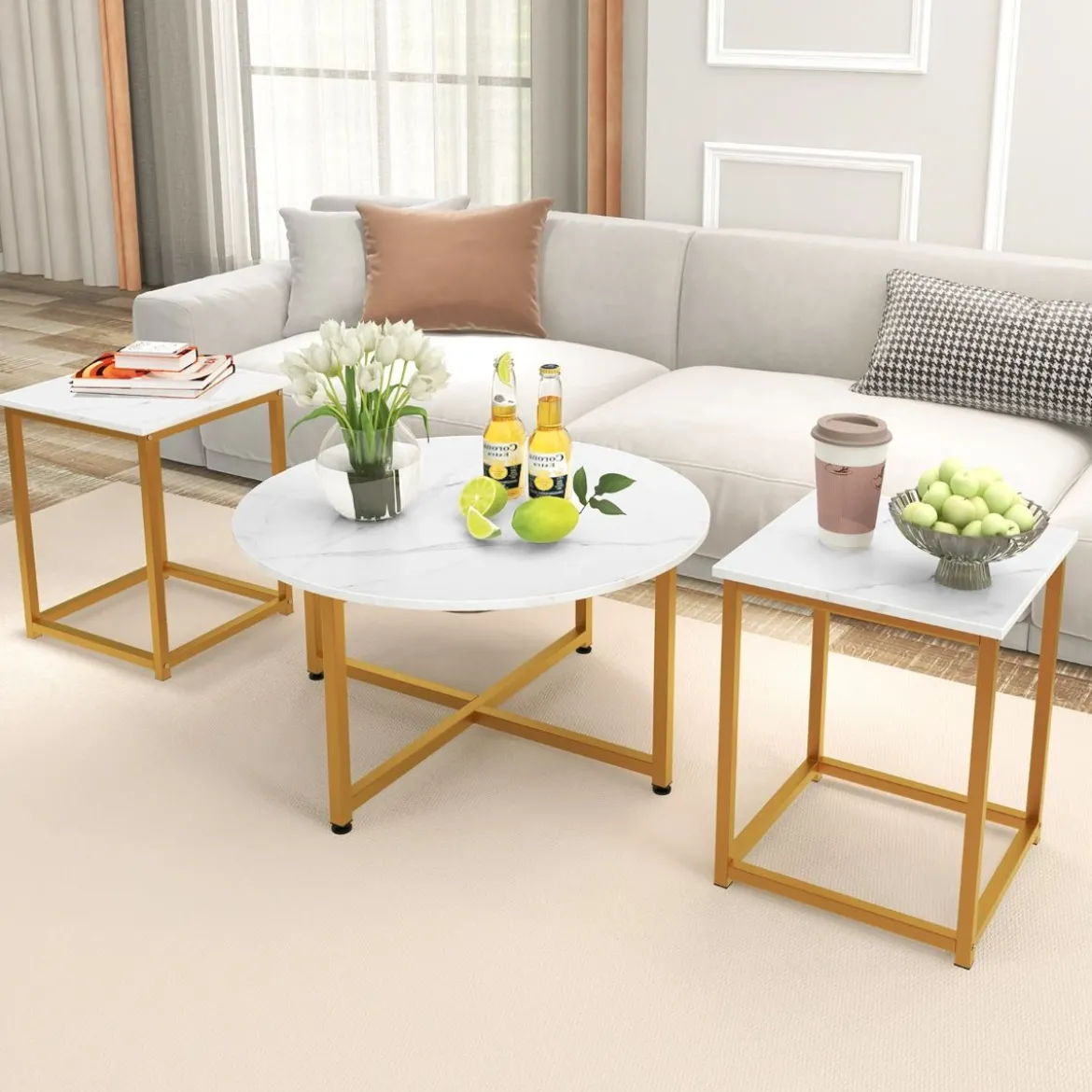 3er Set Couchtisch mit Robustem Metallrahmen Runder Kaffeetisch & 2 Quadratische Beistelltische Weiß