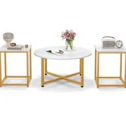 3er Set Couchtisch mit Robustem Metallrahmen Runder Kaffeetisch & 2 Quadratische Beistelltische Weiß