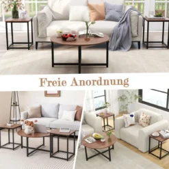 3er Set Couchtisch mit Robustem Metallrahmen Runder Kaffeetisch & 2 Quadratische Beistelltische Braun