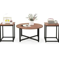 3er Set Couchtisch mit Robustem Metallrahmen Runder Kaffeetisch & 2 Quadratische Beistelltische Braun