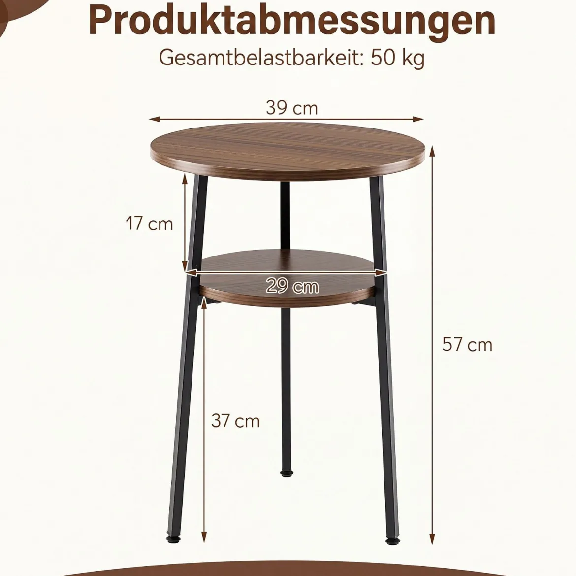 2er Set Couchtisch Rund Ø39 cm Beistelltisch mit 2 Ebenen Wohnzimmertsich mit Stahlrahmen Walnuss