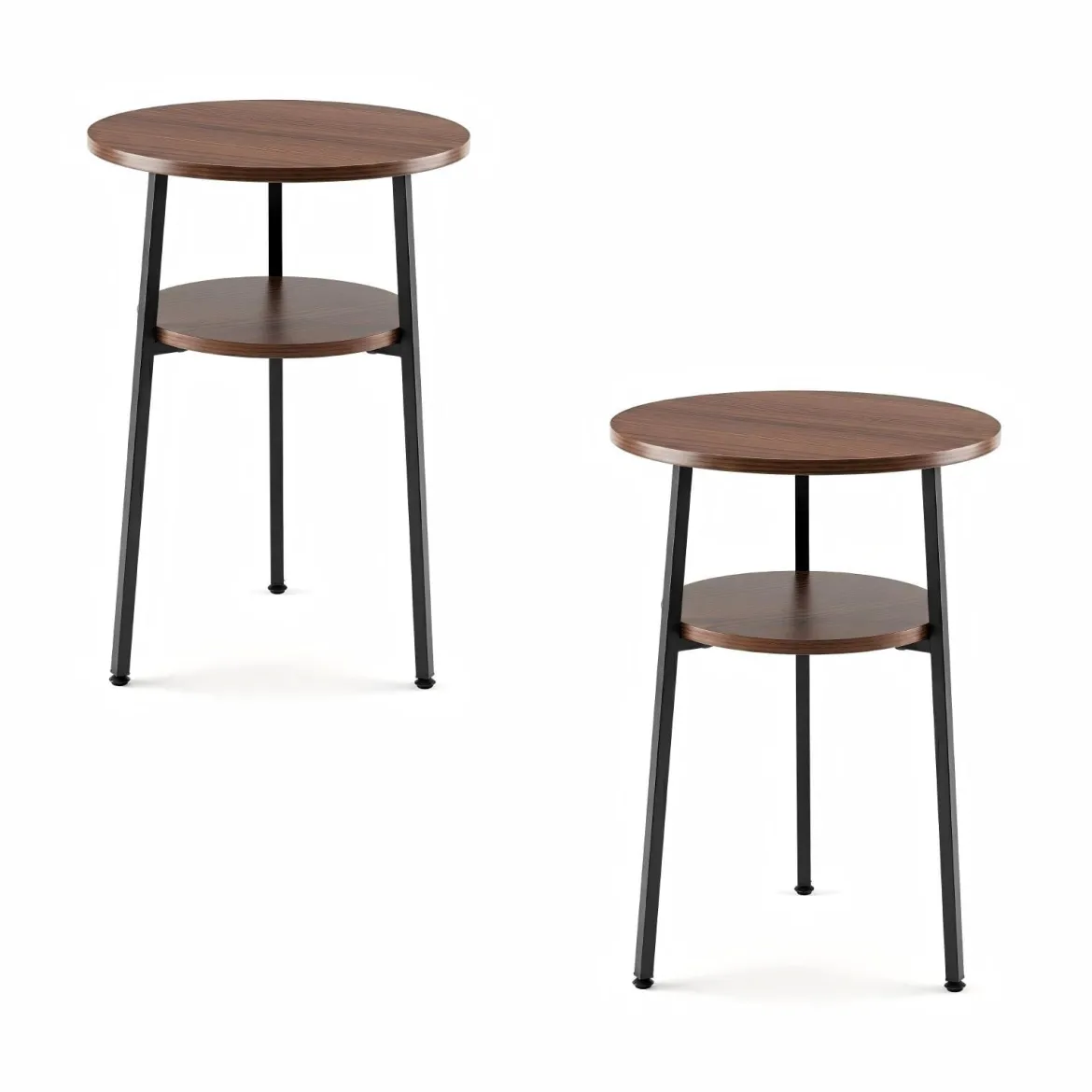 2er Set Couchtisch Rund Ø39 cm Beistelltisch mit 2 Ebenen Wohnzimmertsich mit Stahlrahmen Walnuss