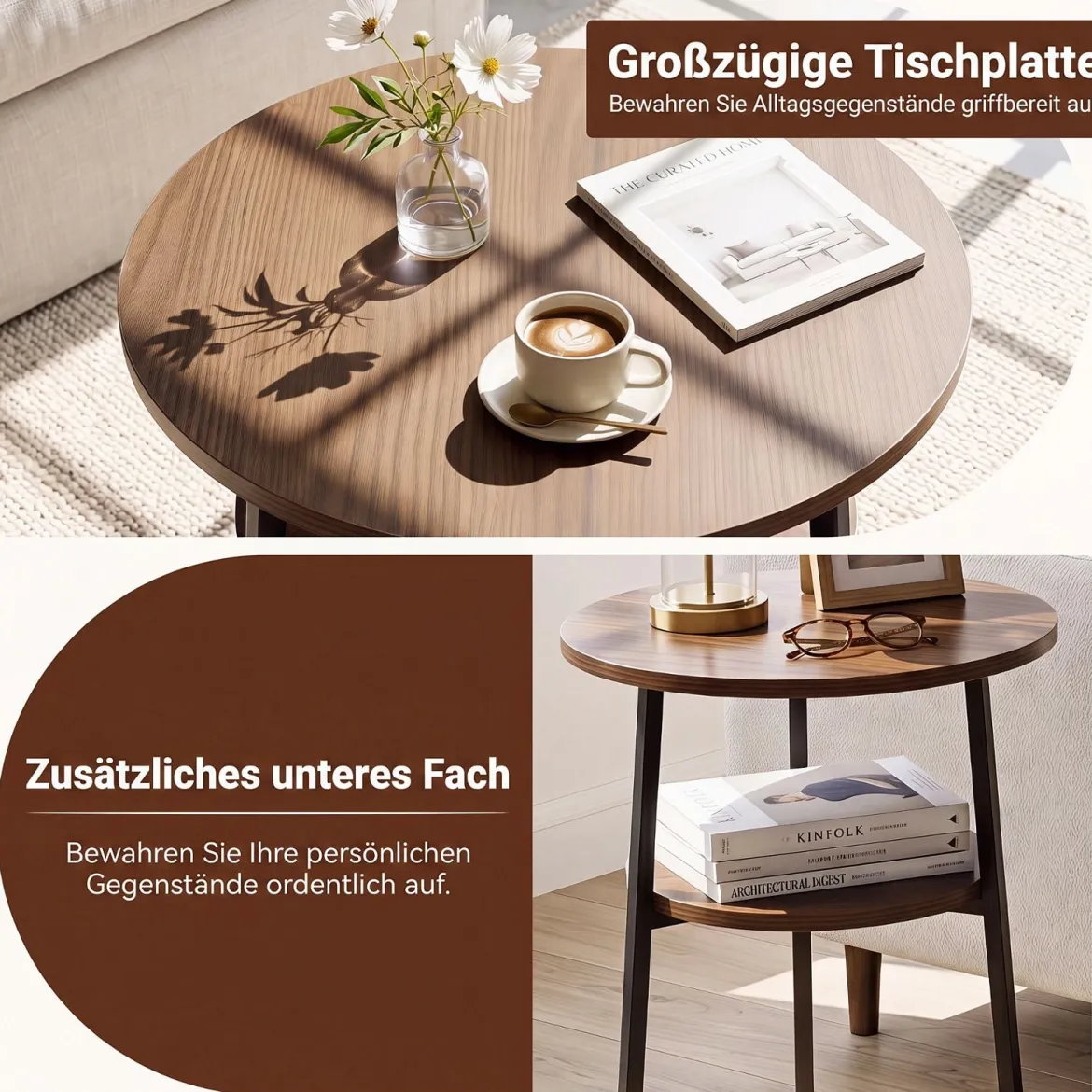 2er Set Couchtisch Rund Ø39 cm Beistelltisch mit 2 Ebenen Wohnzimmertsich mit Stahlrahmen Walnuss