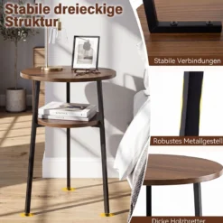 2er Set Couchtisch Rund Ø39 cm Beistelltisch mit 2 Ebenen Wohnzimmertsich mit Stahlrahmen Walnuss