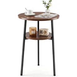2er Set Couchtisch Rund Ø39 cm Beistelltisch mit 2 Ebenen Wohnzimmertsich mit Stahlrahmen Walnuss