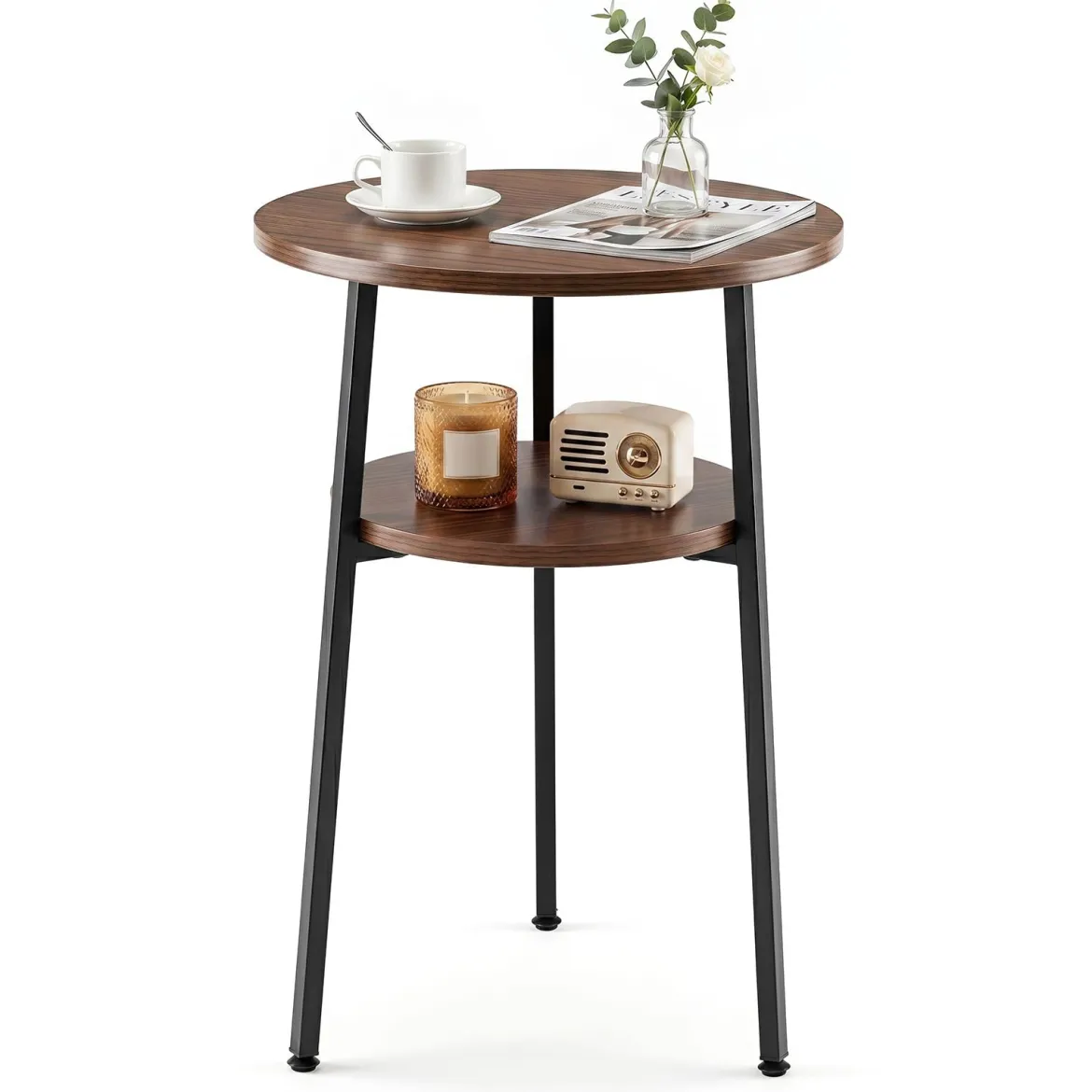 2er Set Couchtisch Rund Ø39 cm Beistelltisch mit 2 Ebenen Wohnzimmertsich mit Stahlrahmen Walnuss