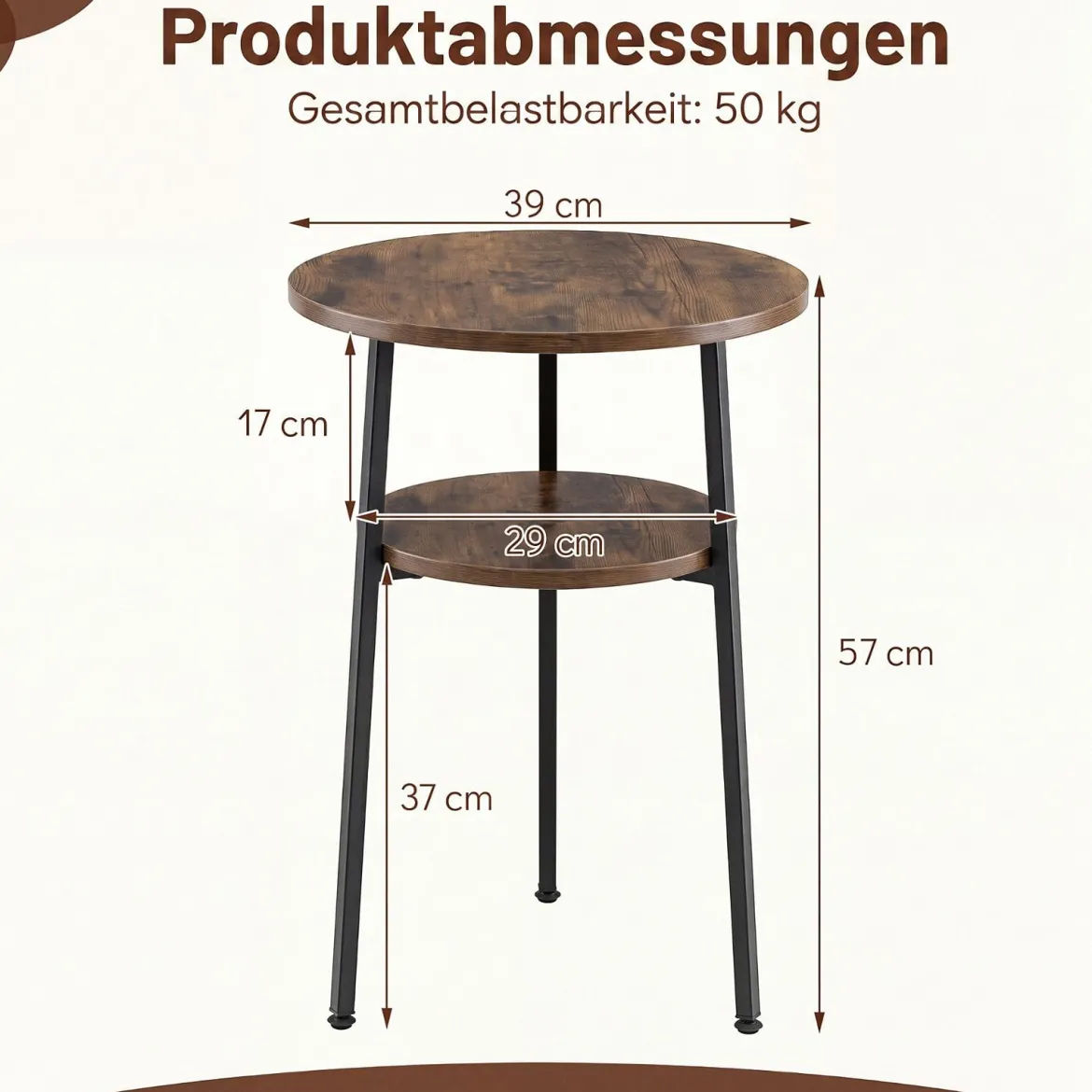 2er Set Couchtisch Rund Ø39 cm Beistelltisch mit 2 Ebenen Wohnzimmertsich mit Stahlrahmen Braun