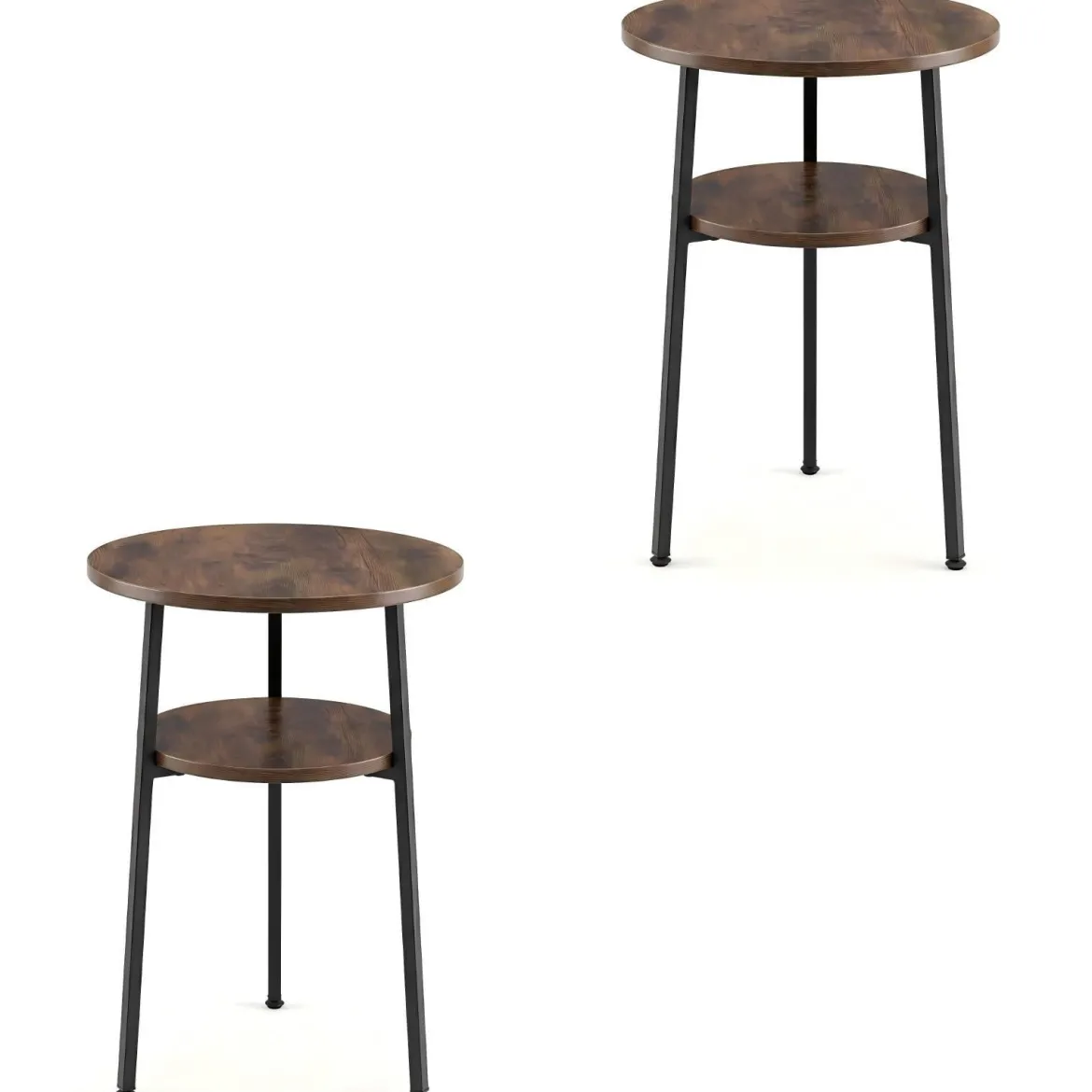 2er Set Couchtisch Rund Ø39 cm Beistelltisch mit 2 Ebenen Wohnzimmertsich mit Stahlrahmen Braun