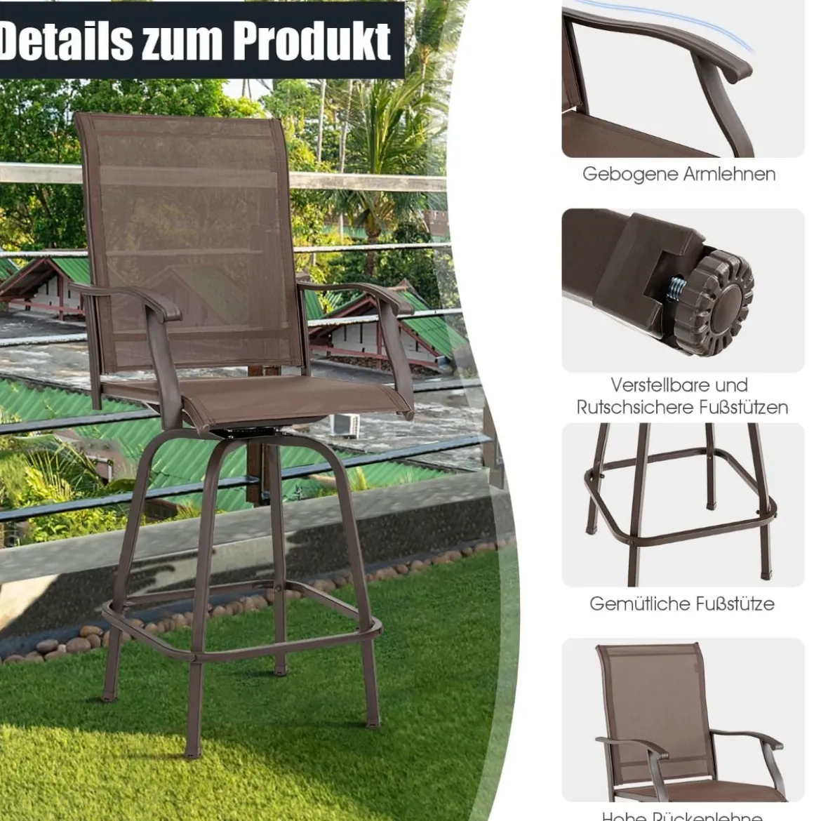 2er Set Drehbare Barhocker mit hoher Rückenlehne & stabiler Stahlrahmen Braun