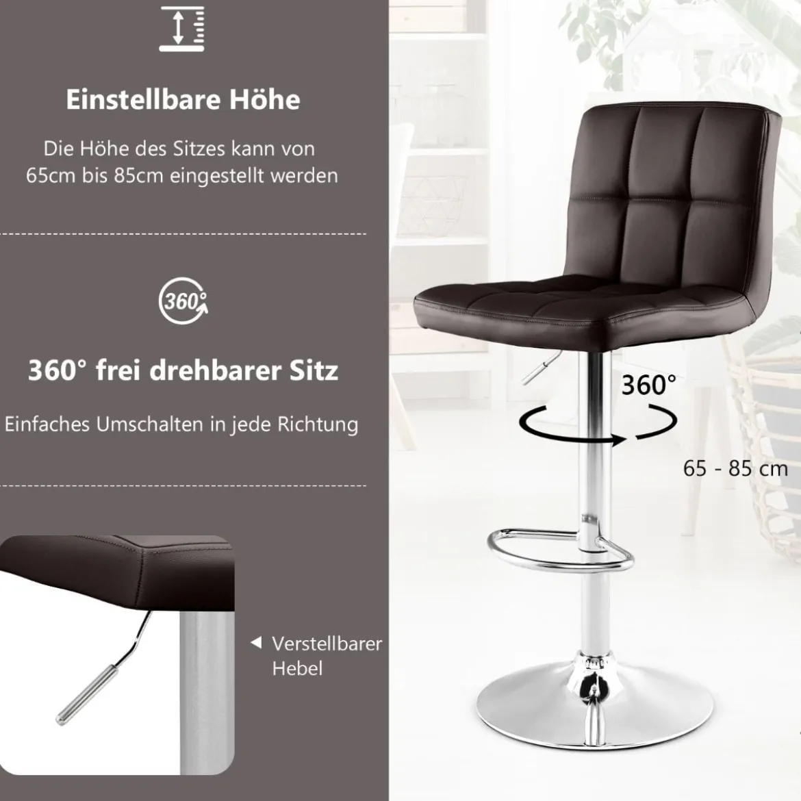 1/2er Set 360° Drehbarer Barhocker aus Kunstleder Höhenverstellbarer Barstuhl Sitzhocker