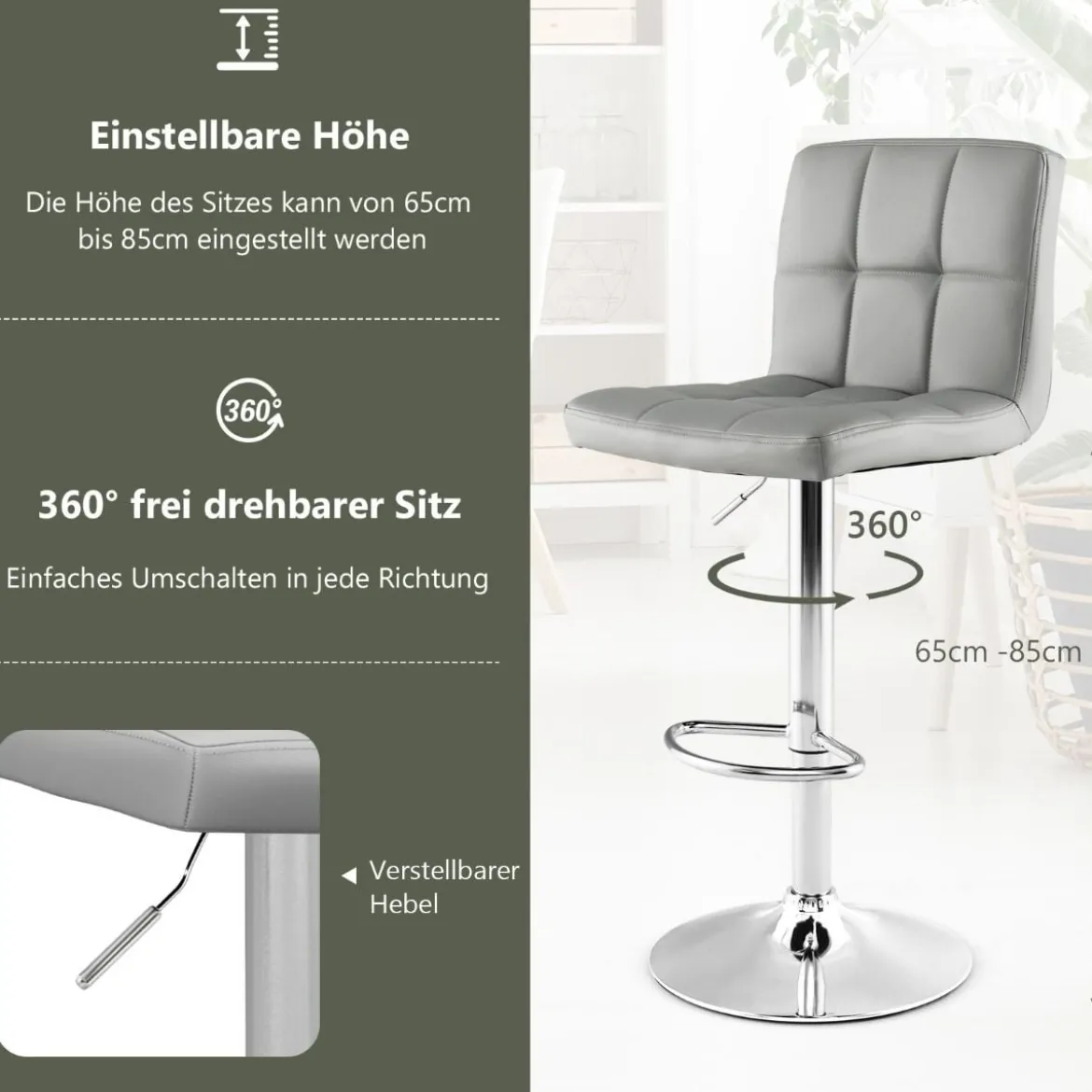 1/2er Set 360° Drehbarer Barhocker aus Kunstleder Höhenverstellbarer Barstuhl Sitzhocker