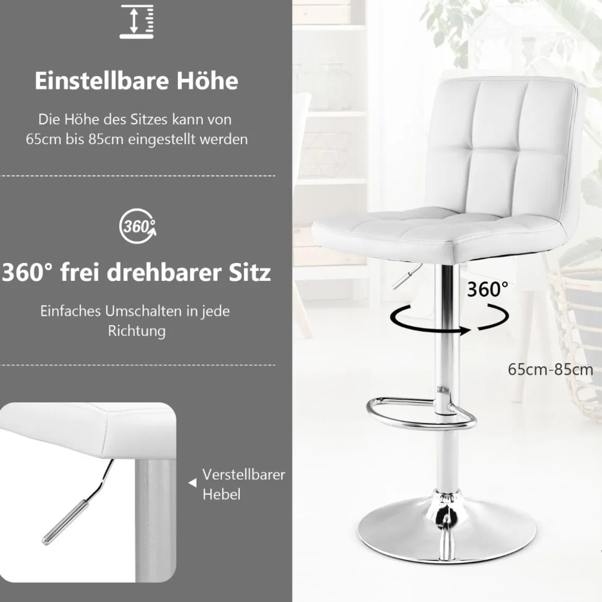 1/2er Set 360° Drehbarer Barhocker aus Kunstleder Höhenverstellbarer Barstuhl Sitzhocker