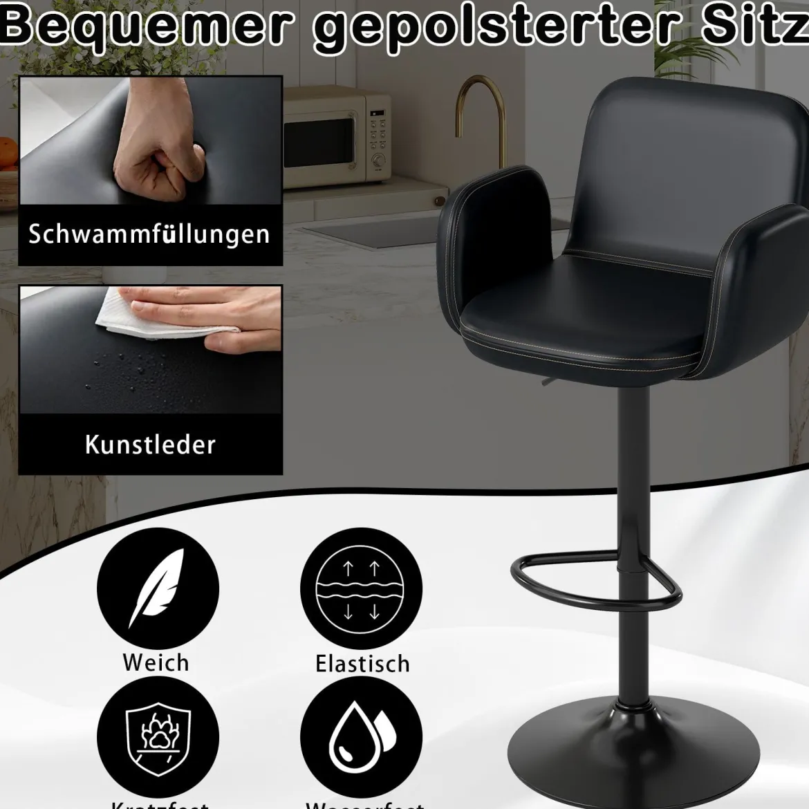 2er Set Drehbarer Barhocker mit Verstellbarer Höhe & Gepolstertem Sitz Barstuhl Küchenstuhl Schwarz